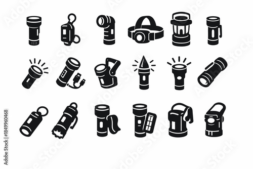 Diverse black silhouette flashlight icon set featuring various designs