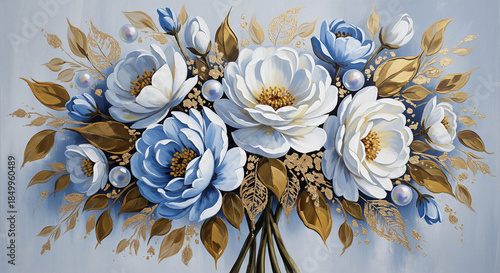 Acrylic painting of elegant blue and white flowers with gold leaves 3D Wall Mural. floral landscapes. 3d floral art, floral wallpaper, Luxurious textile tile wall art