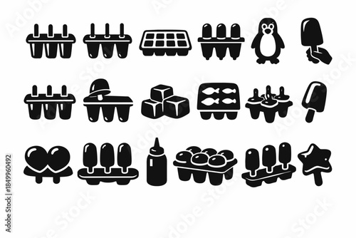 Collection of black ice pop icons with animal and heart designs