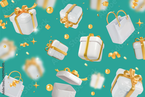 Set of white realistic 3d render gift boxes with gold bow. 3d open and closed gifts and gold confetti design elements Falling gift boxes on blue background. Vector illustration