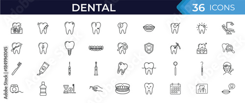 Dental line editable icon set. Tooth dentistry care oral hygiene dentist tools implant treatment clinic concept. Vector illustration.