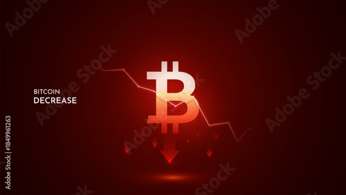 Bitcoin cryptocurrency value price fall drop. Bitcoin price down illustration of a bearish market with glow red trading candles and down arrows.