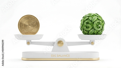 3D Render of Weighing Scale Balancing Gold and Green Plant for ESG Economy Concept
