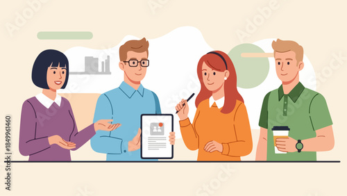 Dynamic team collaboration in a modern office, where professionals review a digital document on a tablet, fostering productive discussion and strategic decision-making