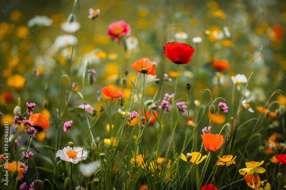 Naklejka premium Bright wildflowers blooming in a lush green meadow