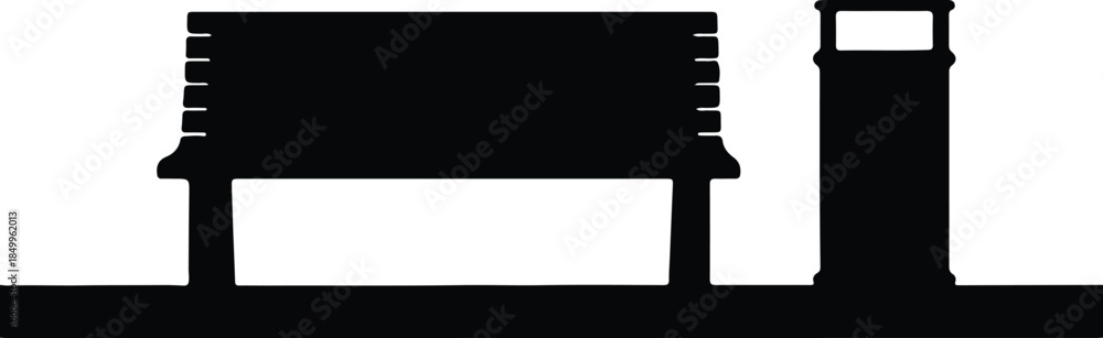 Naklejka premium Silhouette Classic Park Bench and Public Trash Can on Ground Line Vector Illustration