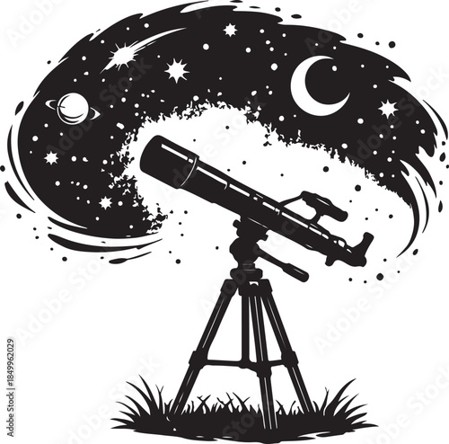 A silhouette of telescope pointing at stars, cosmic curiosity
