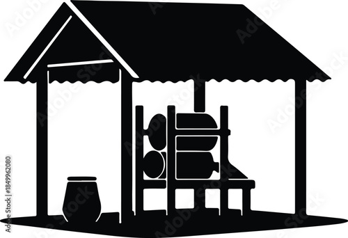 Silhouette Rustic Traditional Olive Oil Press Machine Under a Simple Wooden Shed Vector Illustration