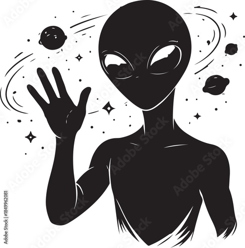 A silhouette of alien figure waving, sci-fi style, dark silhouette