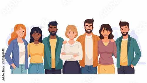 Illustration of a cheerful and diverse group of young adults standing together, symbolizing community, friendship, and teamwork in a modern social setting