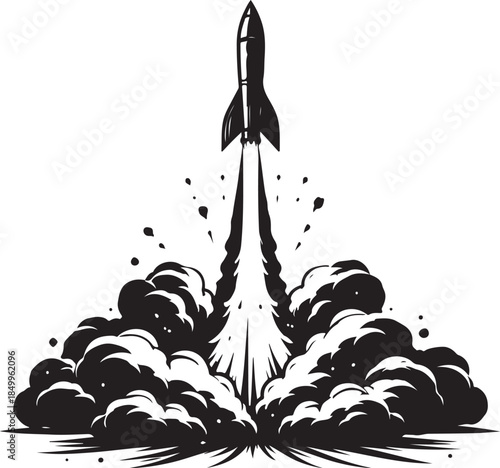 A silhouette of rocket launch with smoke, dramatic moment, vector art