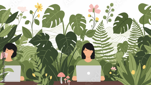 Workplace wellness concept with people working on laptops surrounded by lush green plants and natural elements