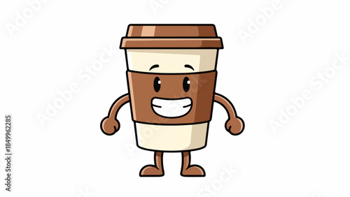 Happy coffee cup character with a big smile and arms extended, ready to serve a warm beverage