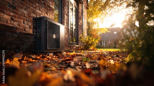 Air source heat pump unit installed outside a brick house in autumn garden with fallen leaves and golden sunset light