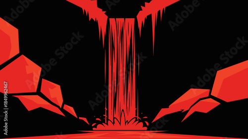 Red Lava Flowing Down Dark Cavern.