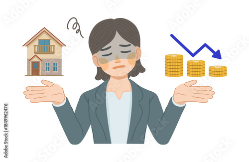 スーツ姿の女性が、建物の資産価値が下落して落ち込んでいるイラスト
