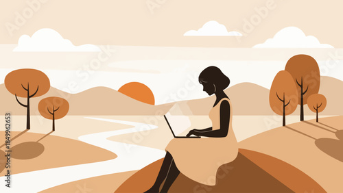 Serene Silhouette of a Woman Working on a Laptop in a Tranquil, Autumnal Landscape at Sunset
