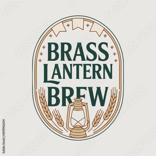 Brass Lantern Brew oval vintage beer emblem with lantern, wheat, stars and banner, classic craft brewery logo vector for labels, taproom signage and packaging