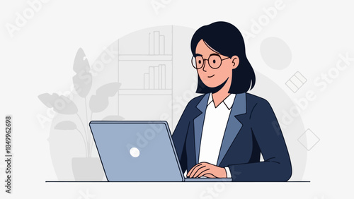 A woman in glasses and a suit working on a laptop in an office setting