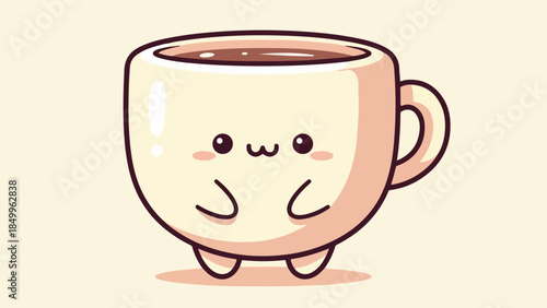 Cute Kawaii Coffee Cup Character with a Happy Face, Adorable Beverage Illustration