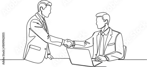 Business partners handshake line illustration, professional agreement meeting, corporate collaboration concept, minimalist outline drawing, office negotiation scene, 