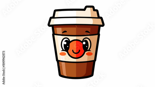 Charming cartoon illustration of a happy coffee cup featuring an adorable smiling face, ideal for cheerful beverage branding, cafe menus, or delightful morning drink concepts
