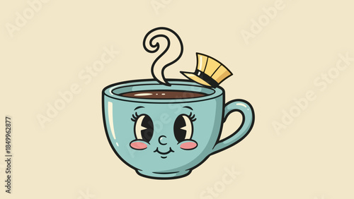 Charming Blue Coffee Cup with a Hat, Steaming Hot Beverage and a Cheerful Face
