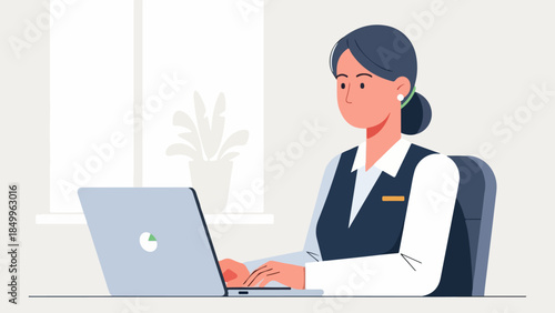 Professional Woman Working Diligently on Laptop at Desk in Modern Office Environment, Engaged in Online Tasks and Business Communication