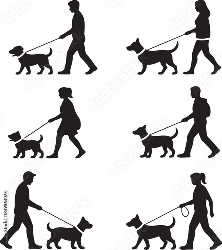 Dog Walking Silhouette Icon Set