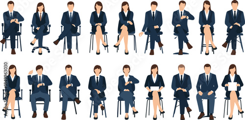 Business people sitting interview panel illustration, professional men women candidates waiting meeting corporate recruitment concept flat vector design office chair teamwork leadership hiring process