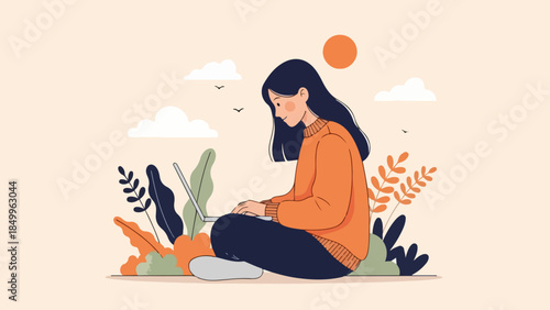 Young woman sitting cross-legged working on a laptop amidst lush greenery and a beautiful sunset