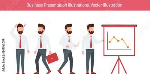 Business presentation concept illustration, professional businessman characters explaining sales growth chart, corporate strategy teamwork, marketing analytics, office meeting infographic, 