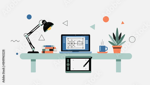 Modern flat design workstation with a laptop, desk lamp, graphics tablet, and plant