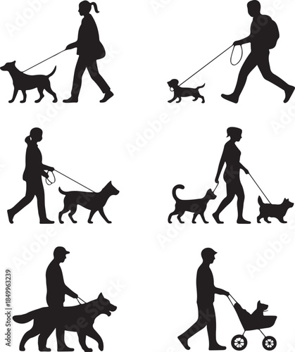 Dog Walking Silhouette Icon Set