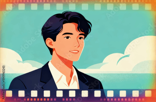 Chromatic aberration is a subtle layering of color channels around the edges with an anime-style image of a guy. Perfect for photo filters, vintage style and cinematic effects. Vector. EPS.