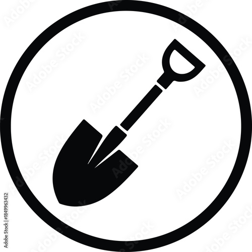 Silhouette shovel inside a black circle emblem Vector Illustration