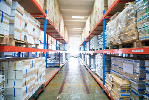 Interior document banking warehouse with paper box on shelf