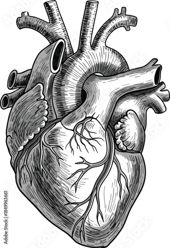 Human heart anatomy icon, external structure sketch, medical organ symbol, cardiovascular system detail, black and white, flat vector illustration