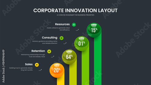 Elegant Analysis 4 Element Chart Slide Layout. Market Proposal Four Step Infographic Frame Design. Creative Briefing Slideshow Template Vector Illustration.