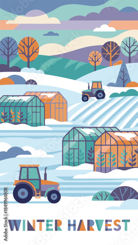 Winter harvest scene with agricultural machinery and greenhouses in snow