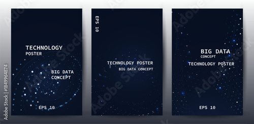 Big data technology poster set with Blue wave particle glowing and data visualization