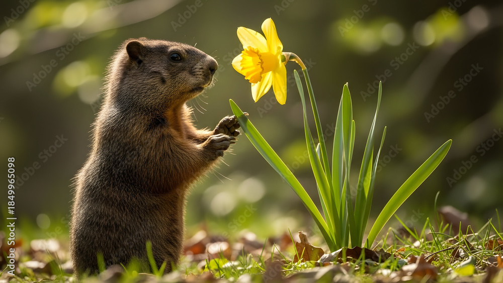 Fototapeta premium A squirrel smelling a yellow daffodil in a garden