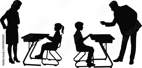 Silhouette of teachers instructing children sitting at desks, classroom learning environment, education concept, school interaction, student-teacher communication