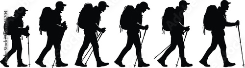 Silhouette sequence of a hiker walking with backpack and trekking poles – hiking, trekking, adventure, nature exploration vector illustration