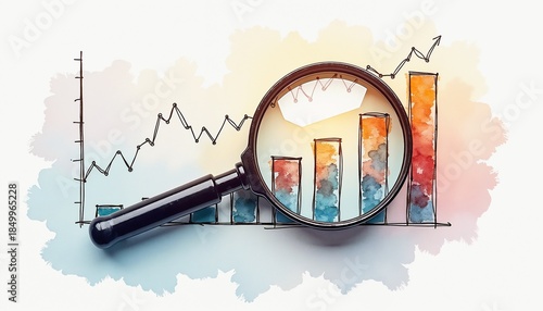 Watercolor financial chart with magnifying glass on pale abstract background for business analysis