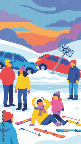 Illustration of a car accident on a slippery winter road with people and skiers