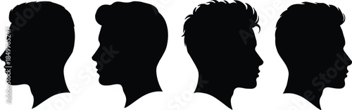 Silhouette set of four male heads in profile, different hairstyles and styles, isolated on white background, modern haircut evolution concept.