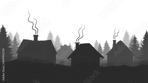 Black silhouette illustration of houses with smoking chimneys in a forest landscape