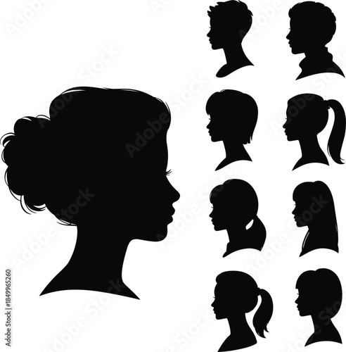 Silhouette set of different hairstyles in profile view, featuring various haircuts and styles including ponytails, buns, and short haircuts