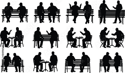 Silhouette, people, interaction, conversation, gesture, sitting, standing, talking, chess, bench, minimal, social, behavior, communication, duo, activity, black, white, artistic, grid